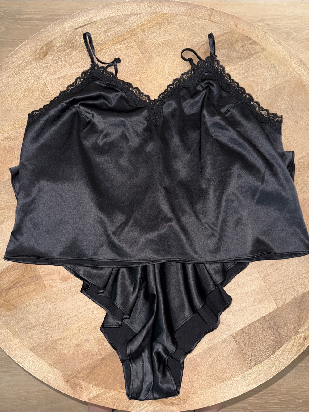 Victoria's Secret Black Satin Lace-Trim Chemise & Cheeky Short set